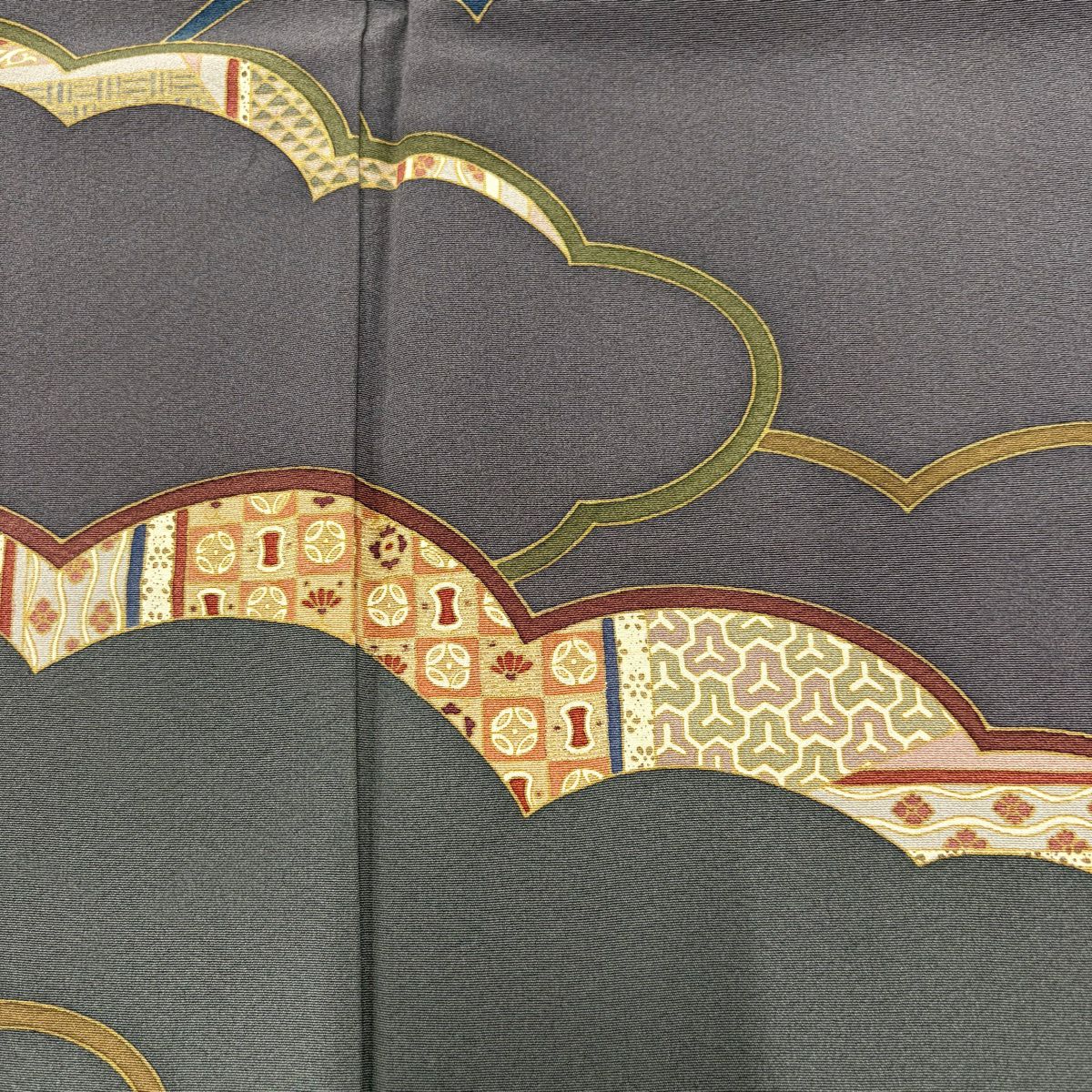 訪問服 身長154cm 袖長64cm M 雙層 雲文 毘沙門龜甲 金絲 金銀彩 灰 純蠶絲 秀品級