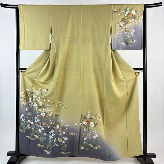 訪問服 身長160.5cm 袖長64cm M 雙層 草花紋紋 鴛鴦 金彩裝飾 染分 裸色 純蠶絲 秀品級