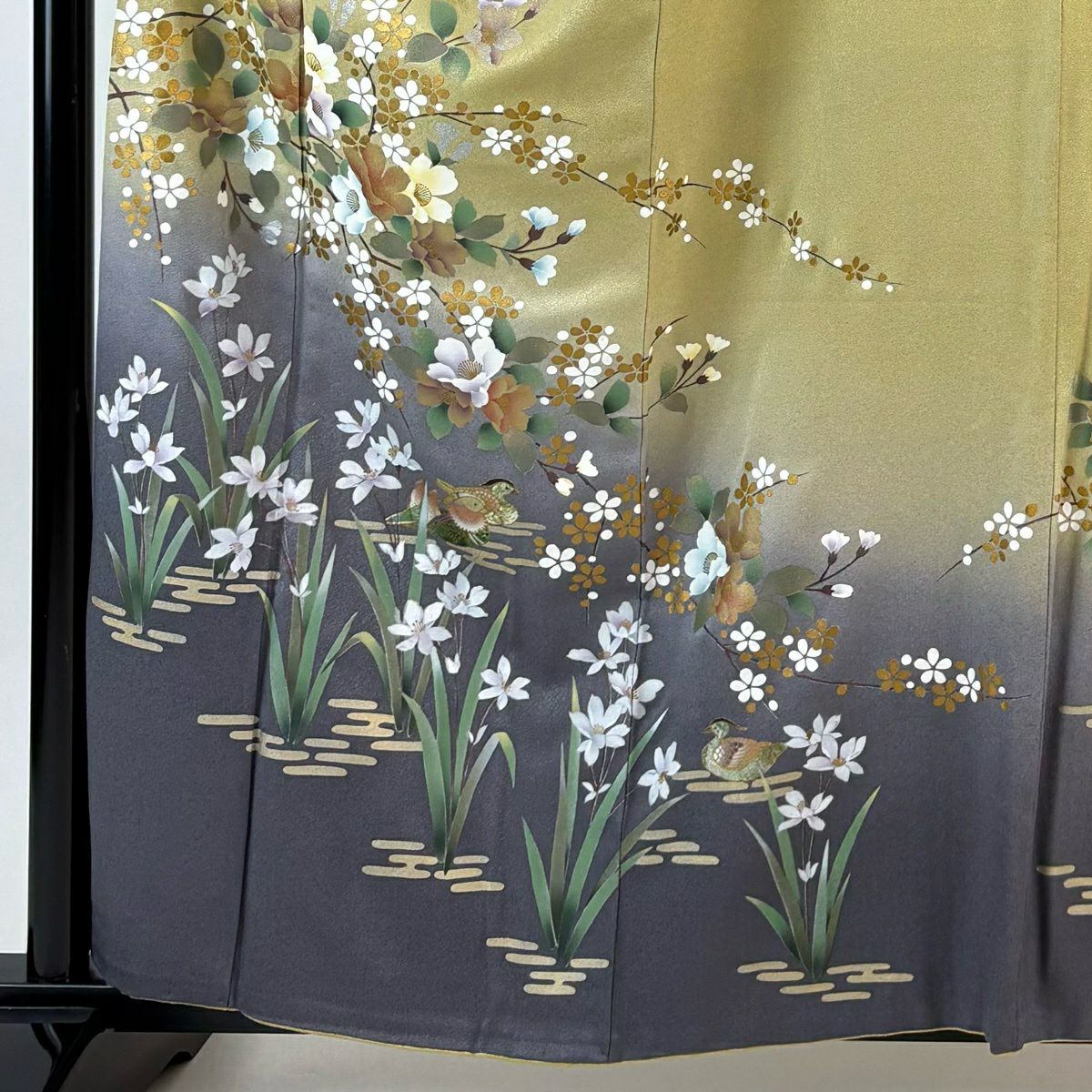 訪問服 身長160.5cm 袖長64cm M 雙層 草花紋紋 鴛鴦 金彩裝飾 染分 裸色 純蠶絲 秀品級