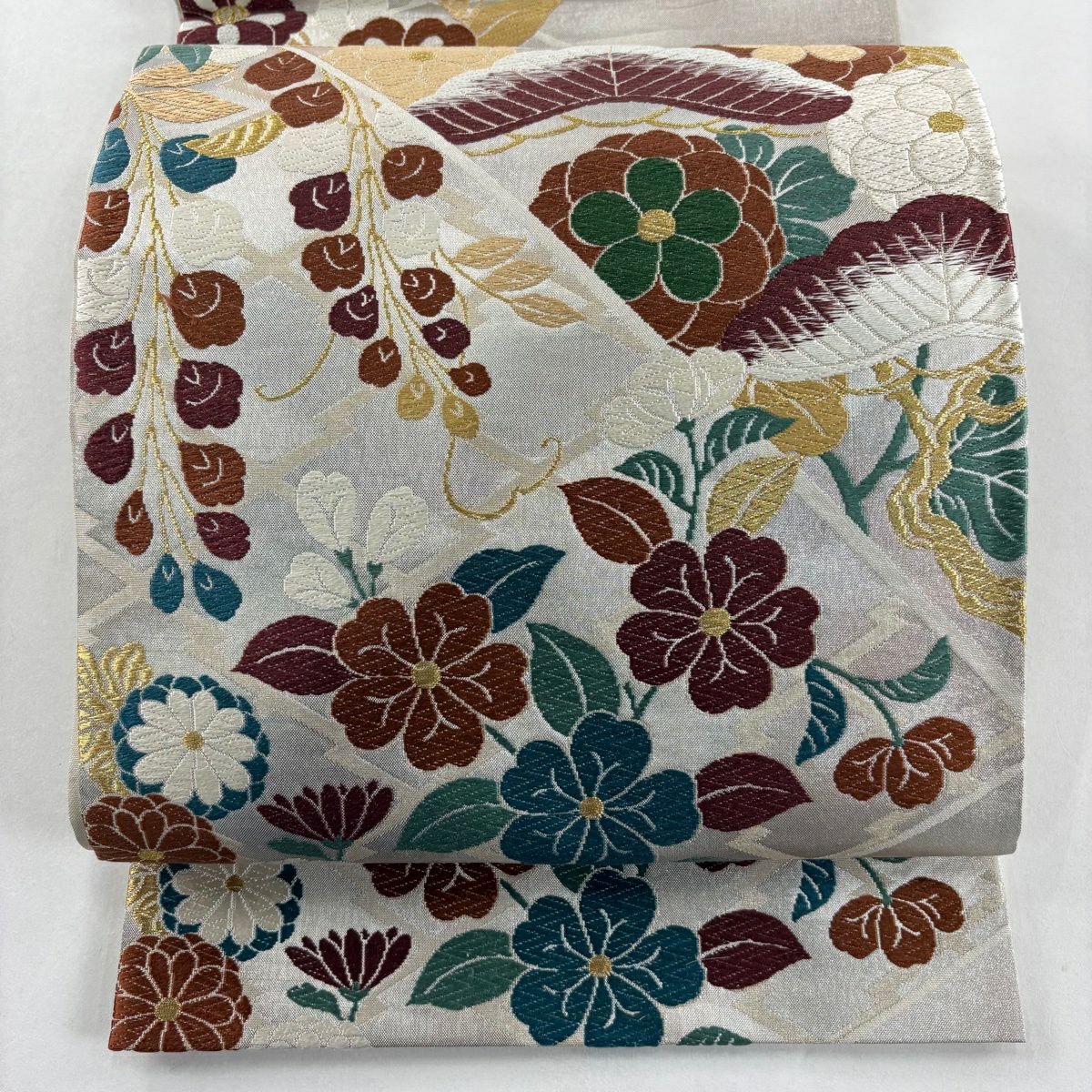 袋帶 秀品級 能衣王祥花紋 松樹梅花 唐織 金銀絲 灰 深藍 六通 純蠶絲