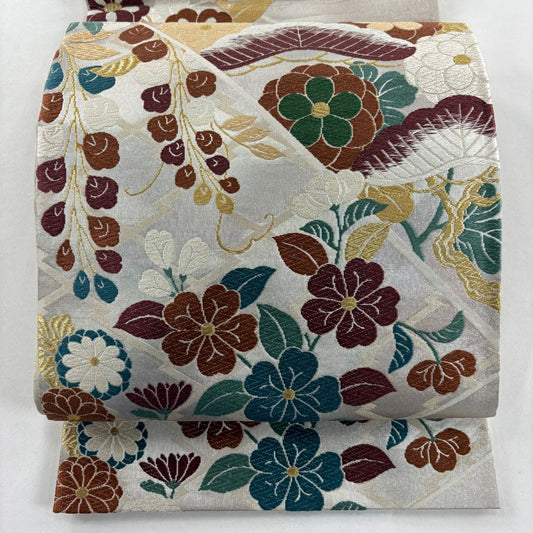 袋帶 秀品級 能衣王祥花紋 松樹梅花 唐織 金銀絲 灰 深藍 六通 純蠶絲