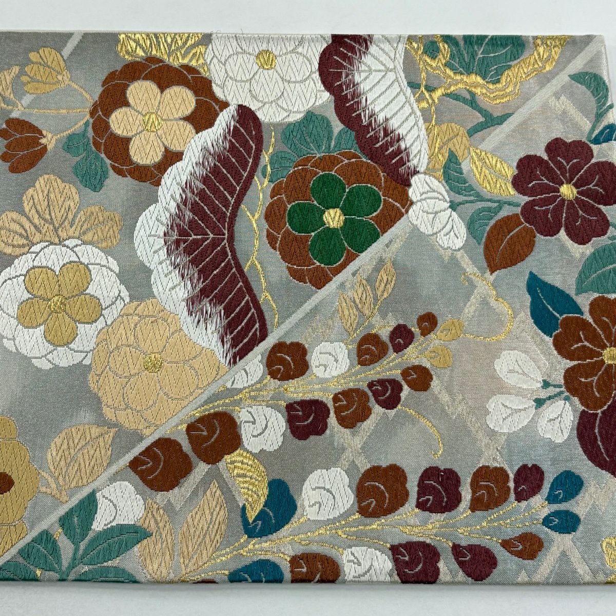 袋帶 秀品級 能衣王祥花紋 松樹梅花 唐織 金銀絲 灰 深藍 六通 純蠶絲