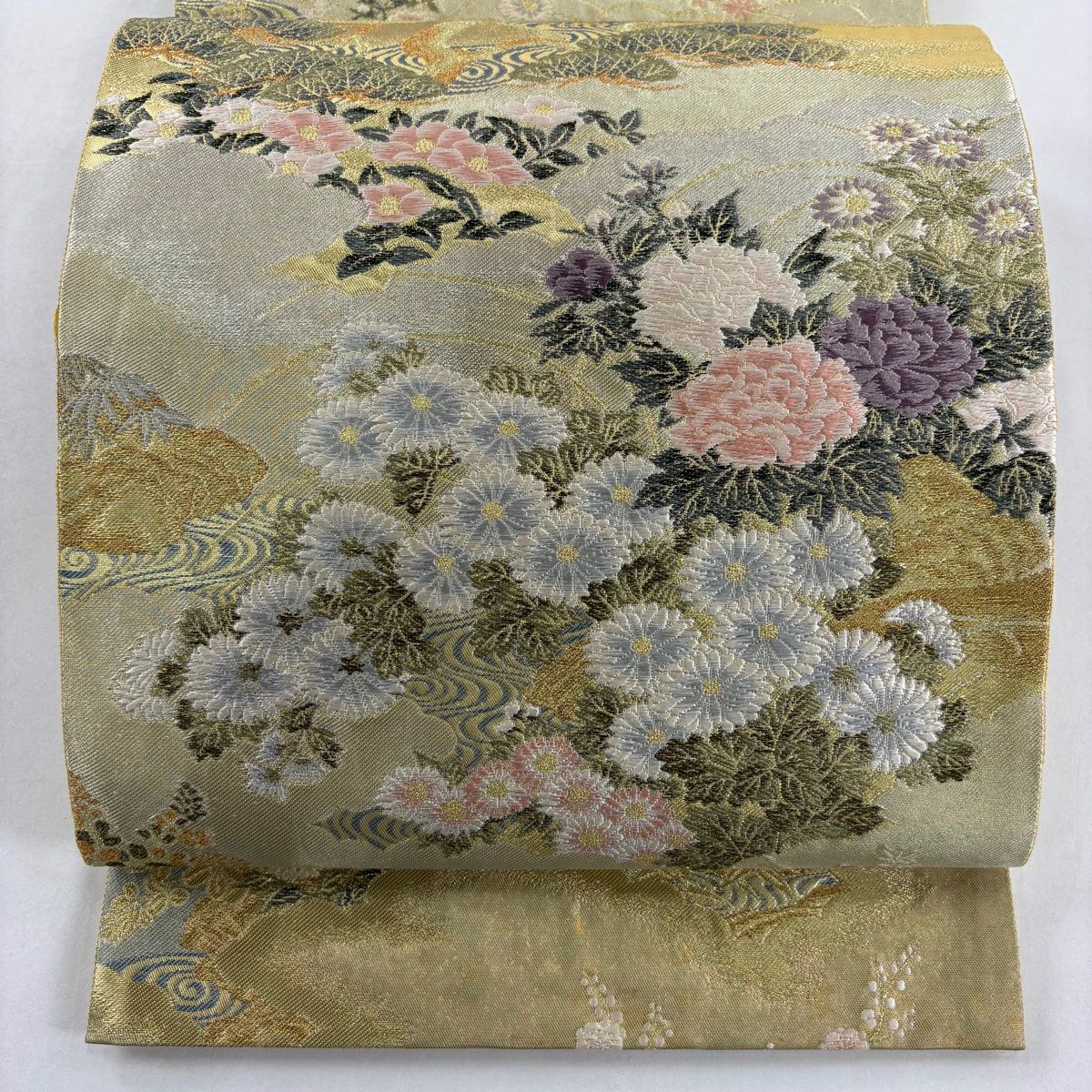 【美品】 袋帶 秀品級 菊花 流水 金銀線 金金箔 金色 六通 純蠶絲