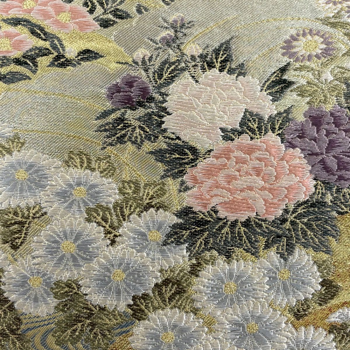 【美品】 袋帶 秀品級 菊花 流水 金銀線 金金箔 金色 六通 純蠶絲