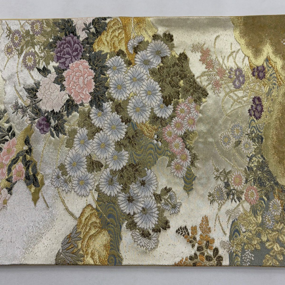 【美品】 袋帶 秀品級 菊花 流水 金銀線 金金箔 金色 六通 純蠶絲