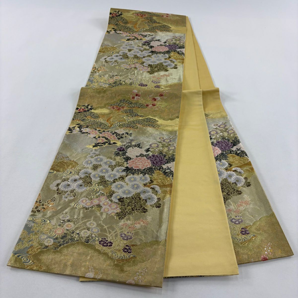 【美品】 袋帶 秀品級 菊花 流水 金銀線 金金箔 金色 六通 純蠶絲
