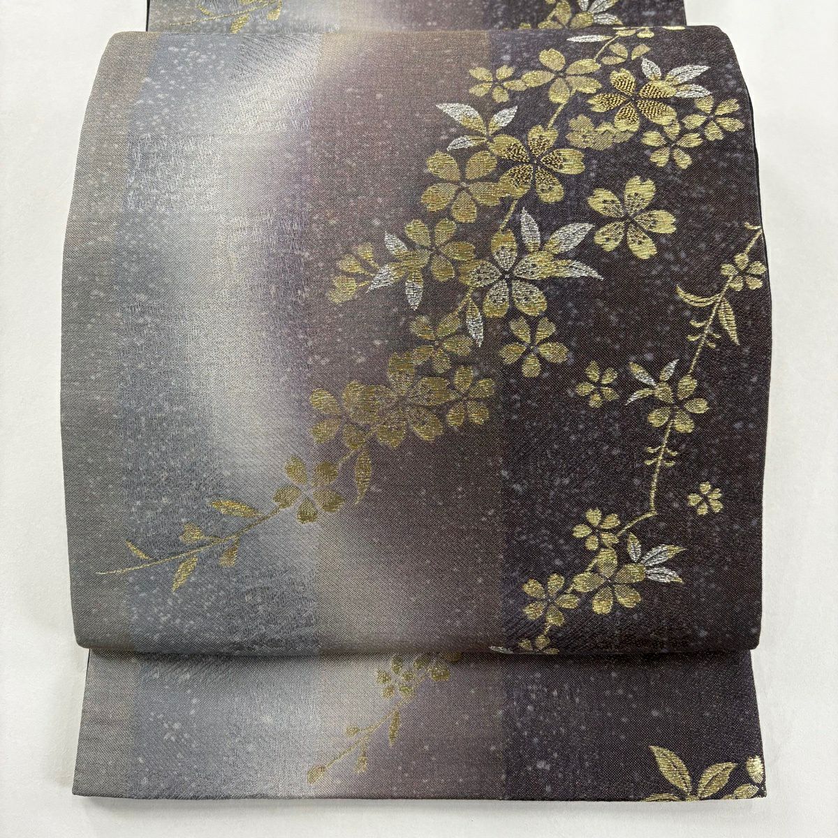 【美品】 袋帶 秀品級 櫻花 條紋 金銀絲 灰紫 六通 純蠶絲