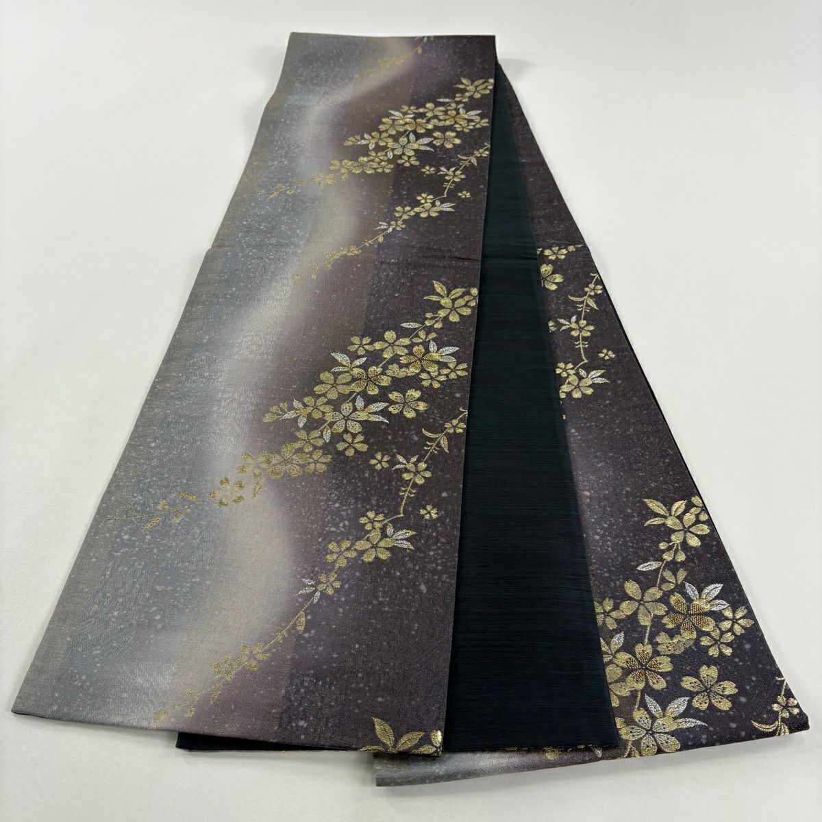 【美品】 袋帶 秀品級 櫻花 條紋 金銀絲 灰紫 六通 純蠶絲