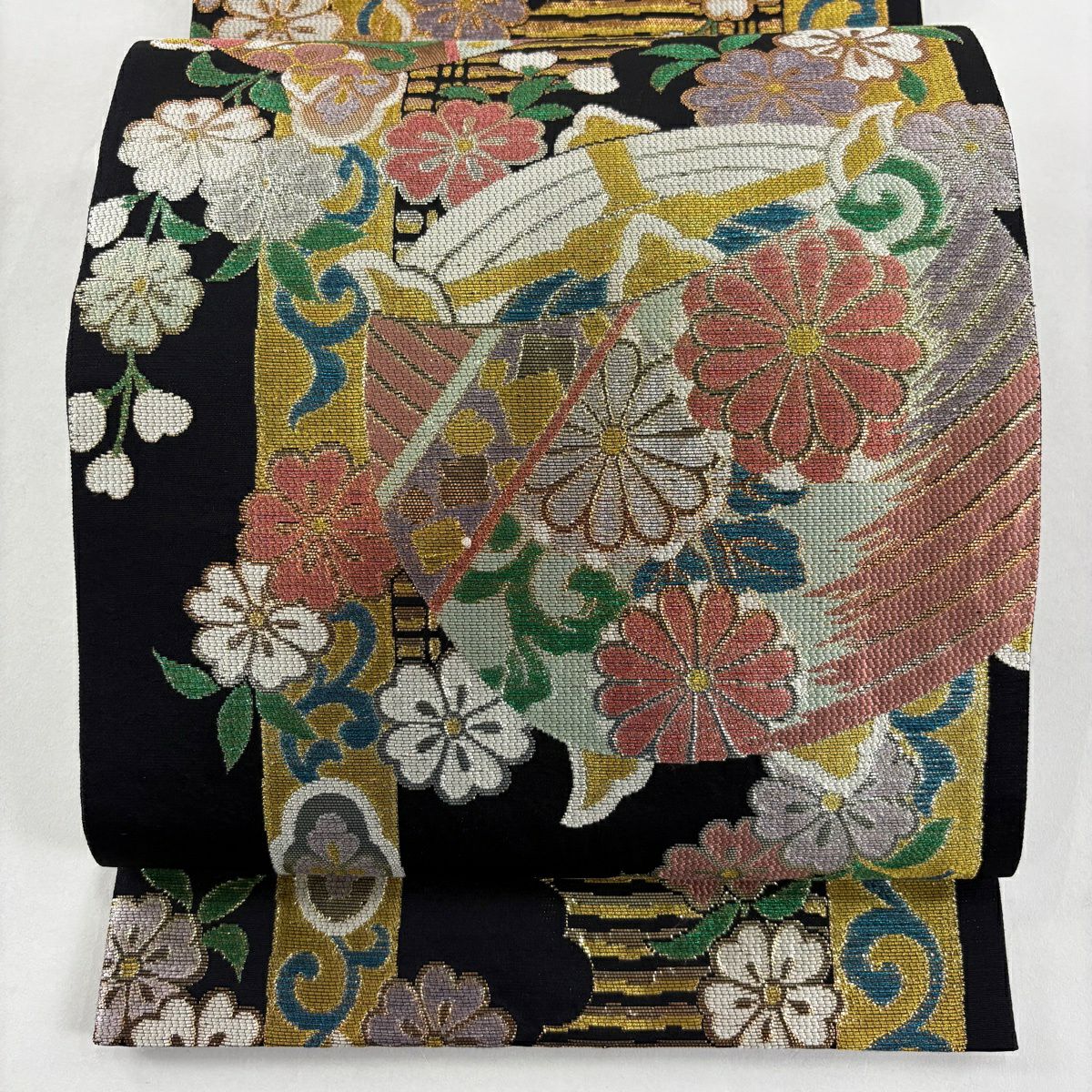 【美品】 袋帶 秀品級 線圈 櫻花 金銀彩 金金箔 黑 六通 純蠶絲