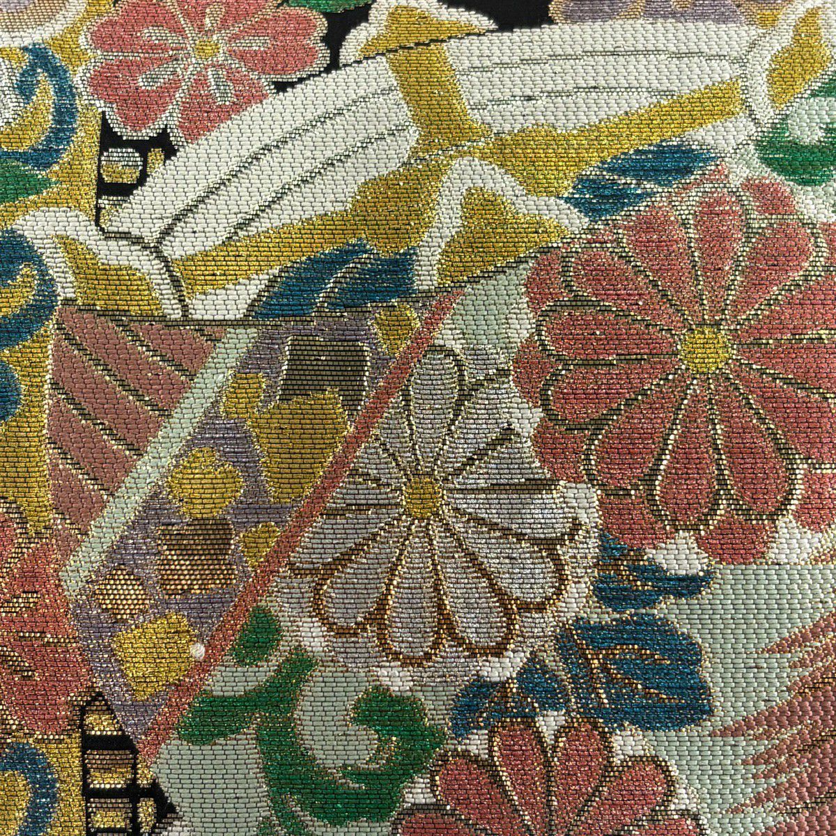 【美品】 袋帶 秀品級 線圈 櫻花 金銀彩 金金箔 黑 六通 純蠶絲