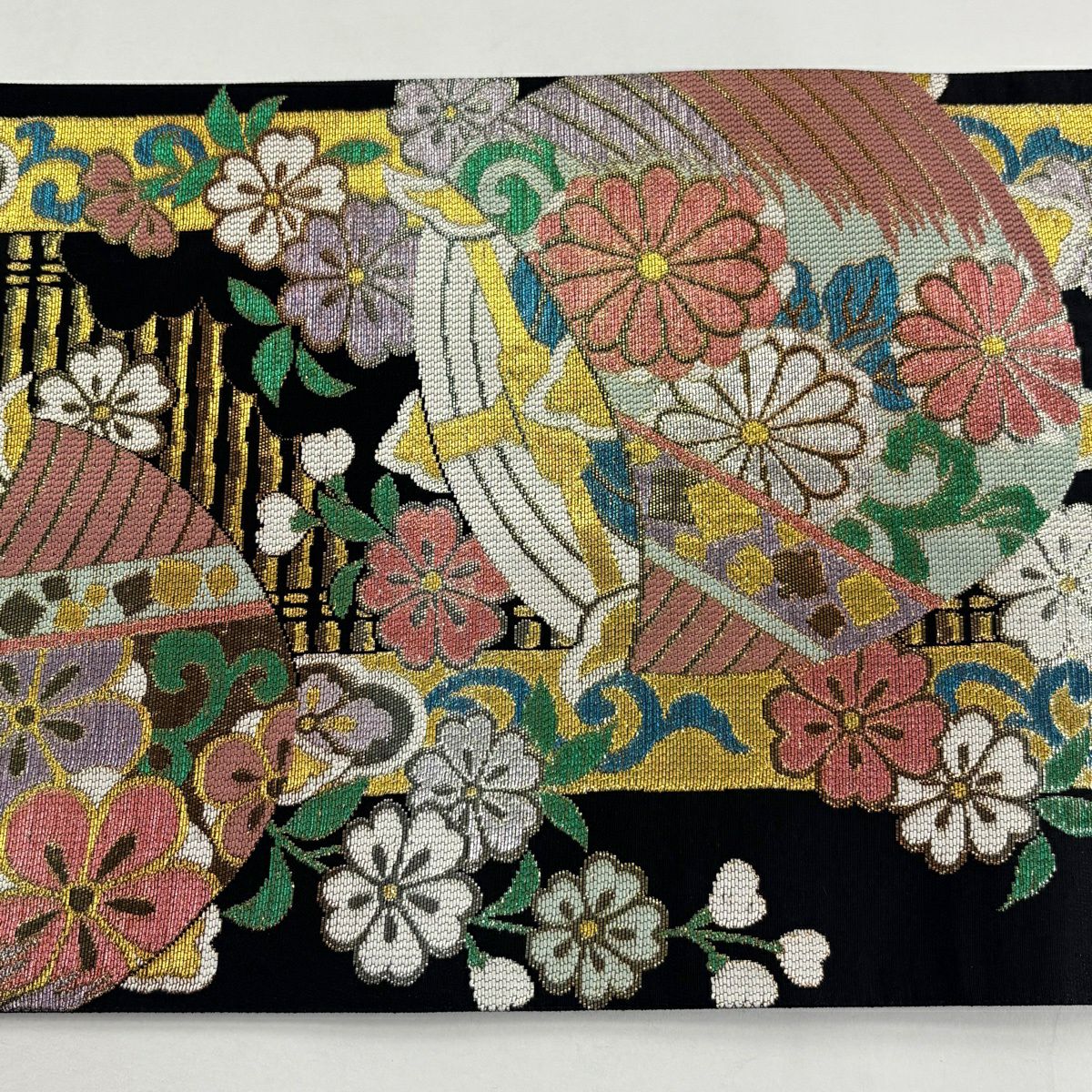 【美品】 袋帶 秀品級 線圈 櫻花 金銀彩 金金箔 黑 六通 純蠶絲