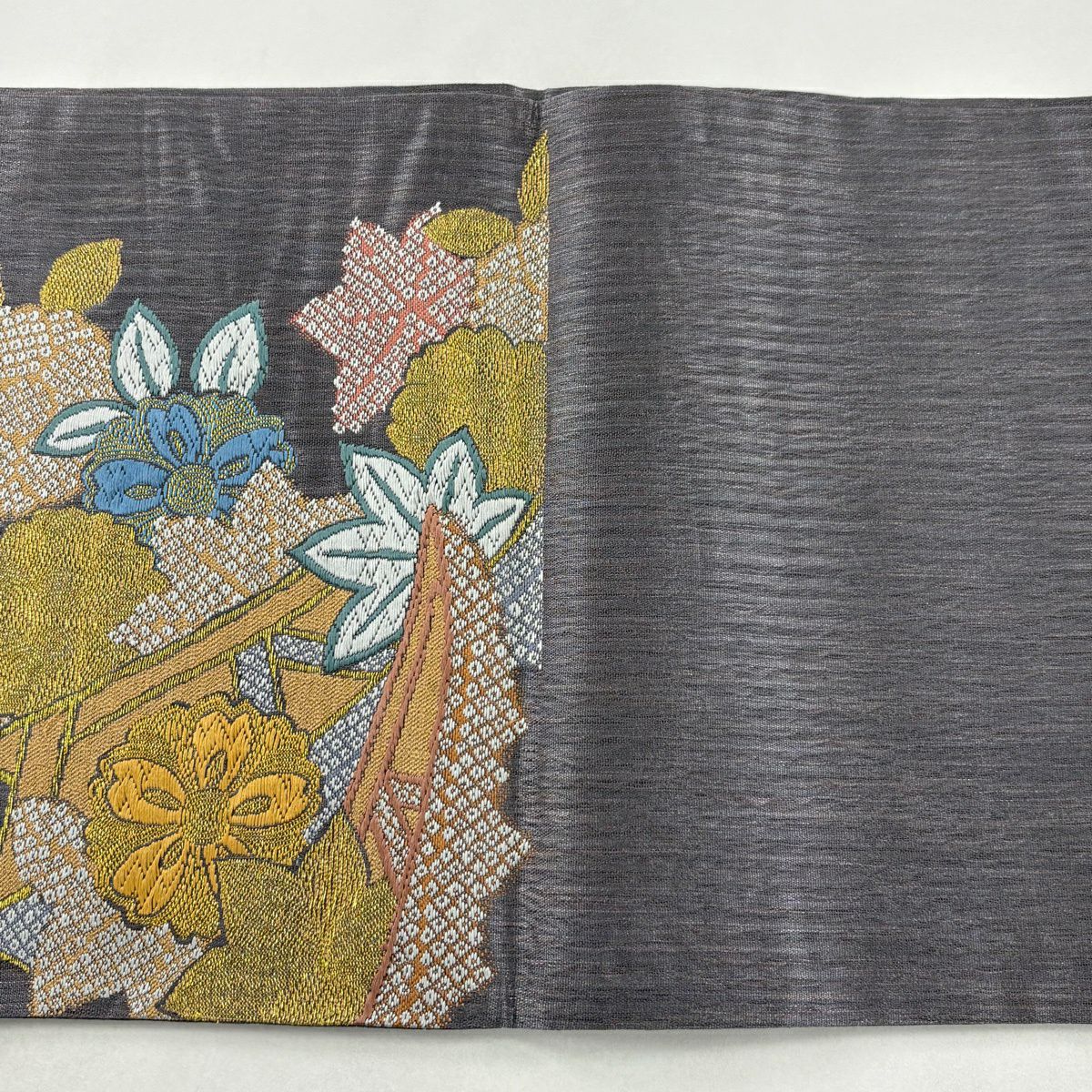 袋帶 秀品級 舟 草花紋 金糸 灰紫 六通 純蠶絲