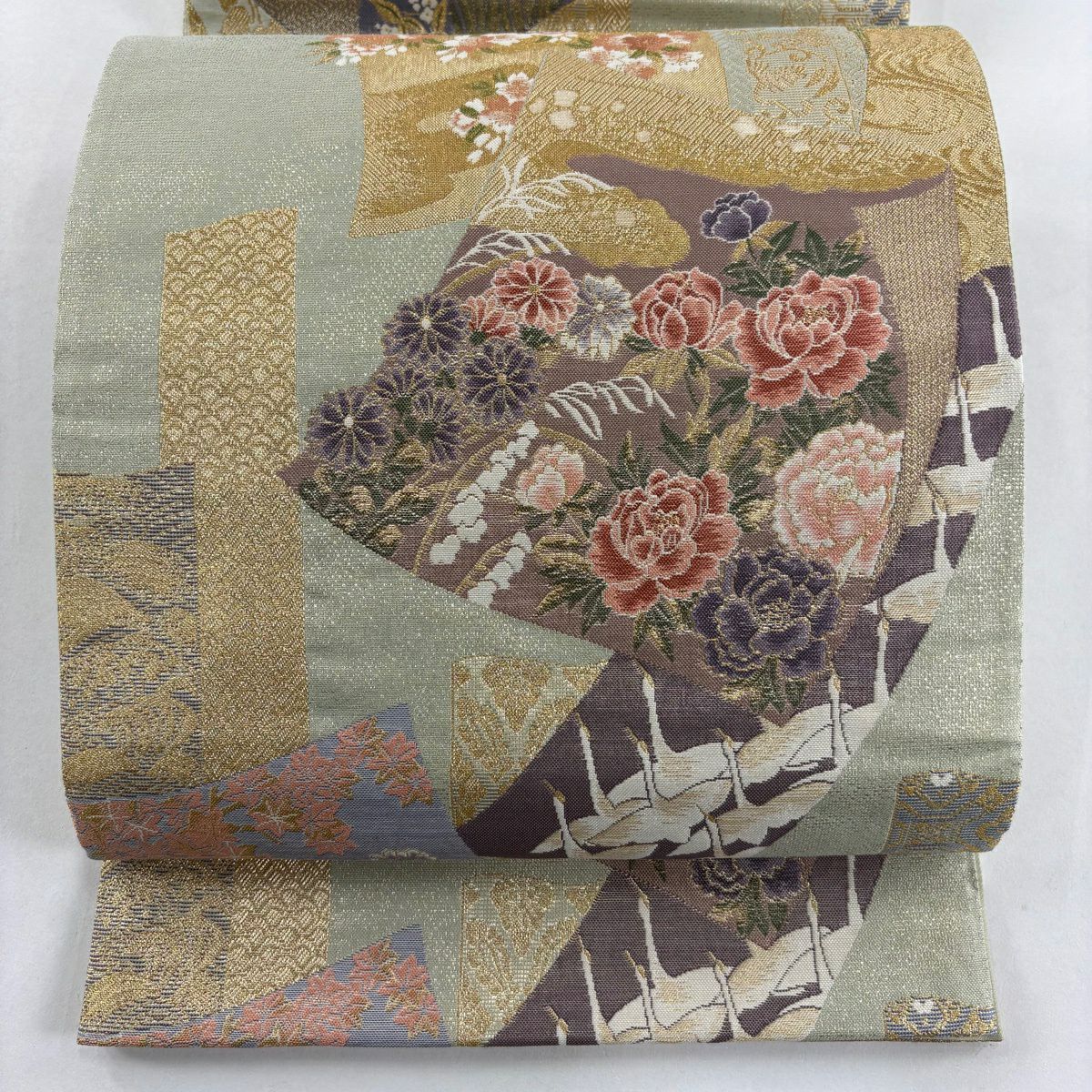 【美品】 袋帶 秀品級 草花紋紋 仙鶴 金絲 灰綠 六通 純蠶絲