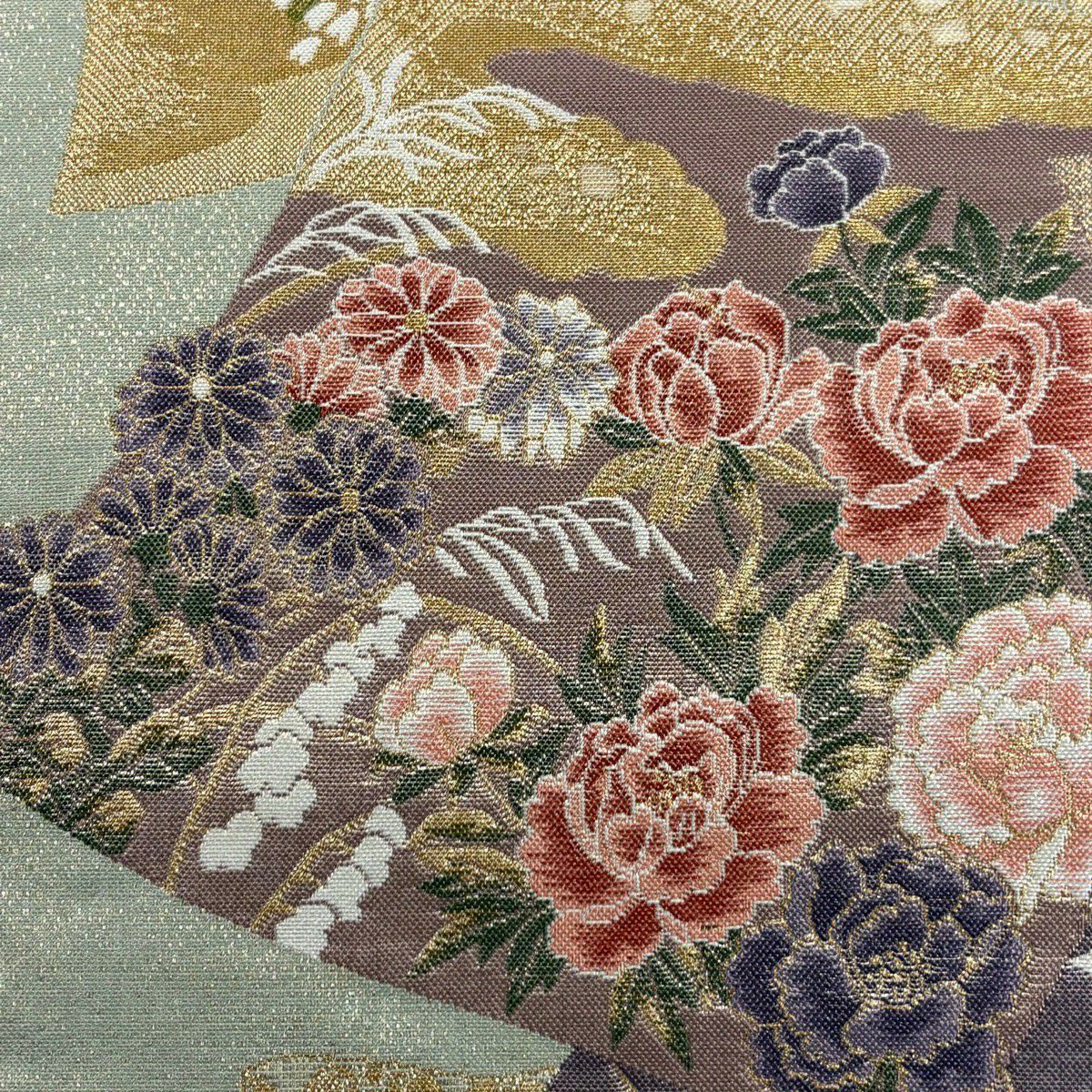 【美品】 袋帶 秀品級 草花紋紋 仙鶴 金絲 灰綠 六通 純蠶絲