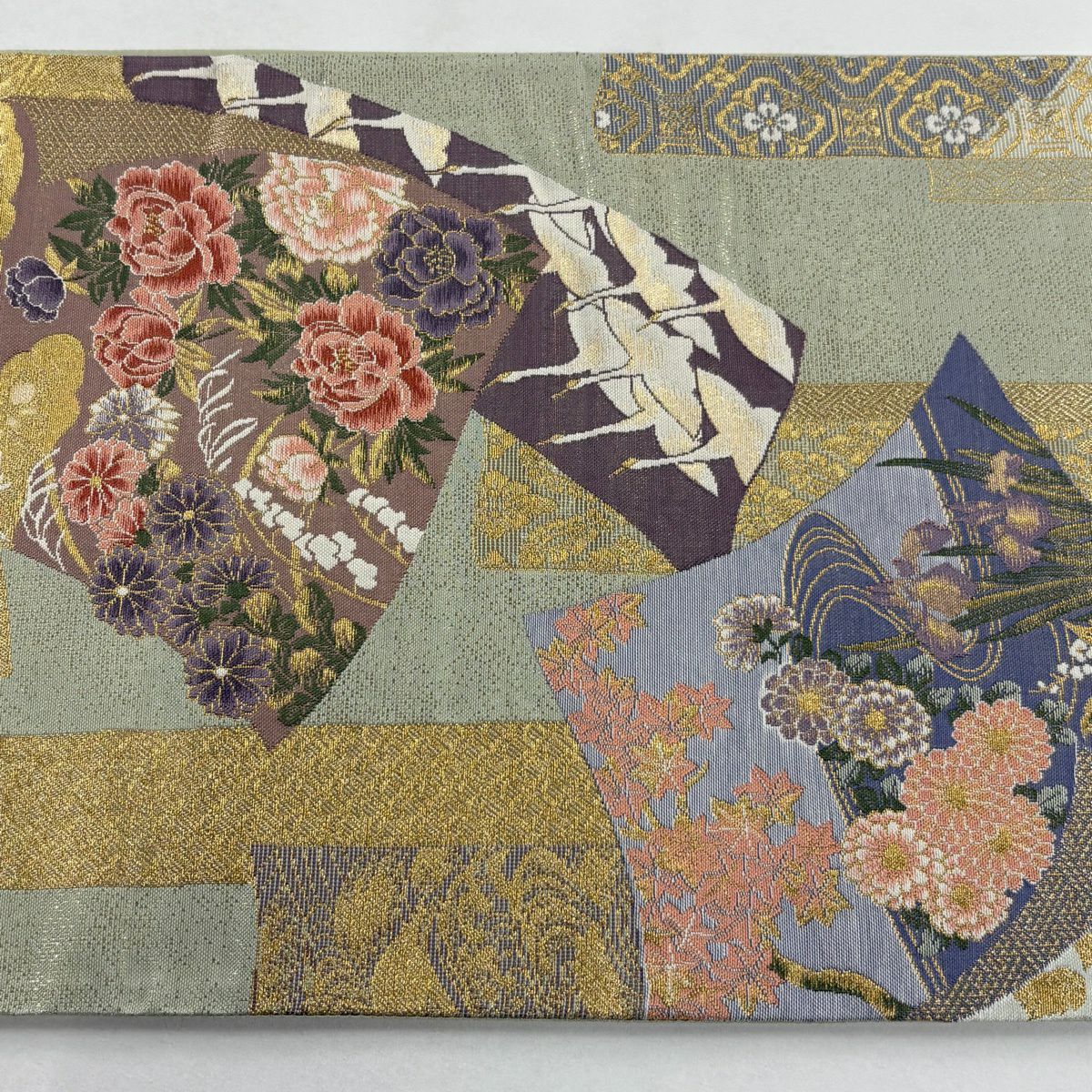 【美品】 袋帶 秀品級 草花紋紋 仙鶴 金絲 灰綠 六通 純蠶絲