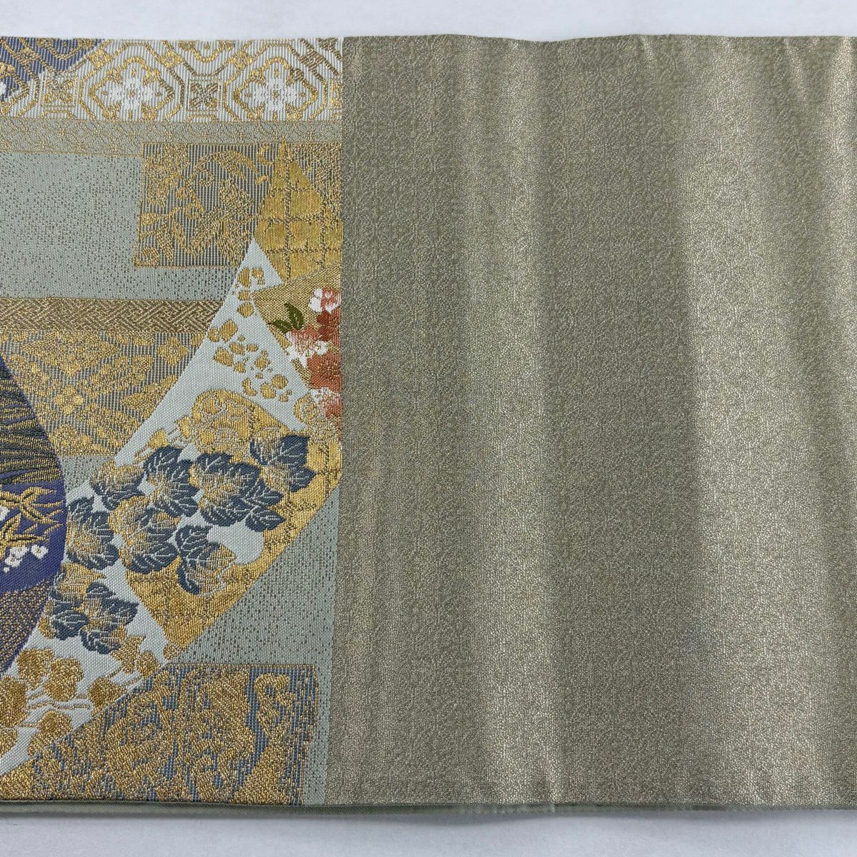 【美品】 袋帶 秀品級 草花紋紋 仙鶴 金絲 灰綠 六通 純蠶絲