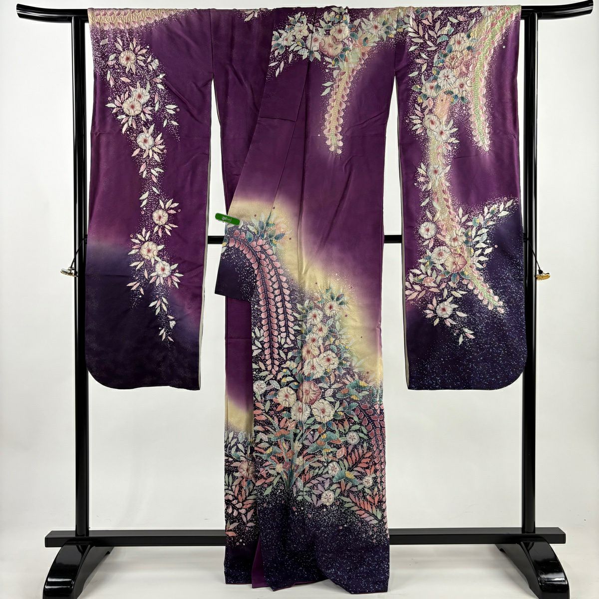 振袖禮服 身長164.5cm 袖長68cm L 雙層 辻花染 草花紋紋 銀通 紫 純蠶絲 逸品級