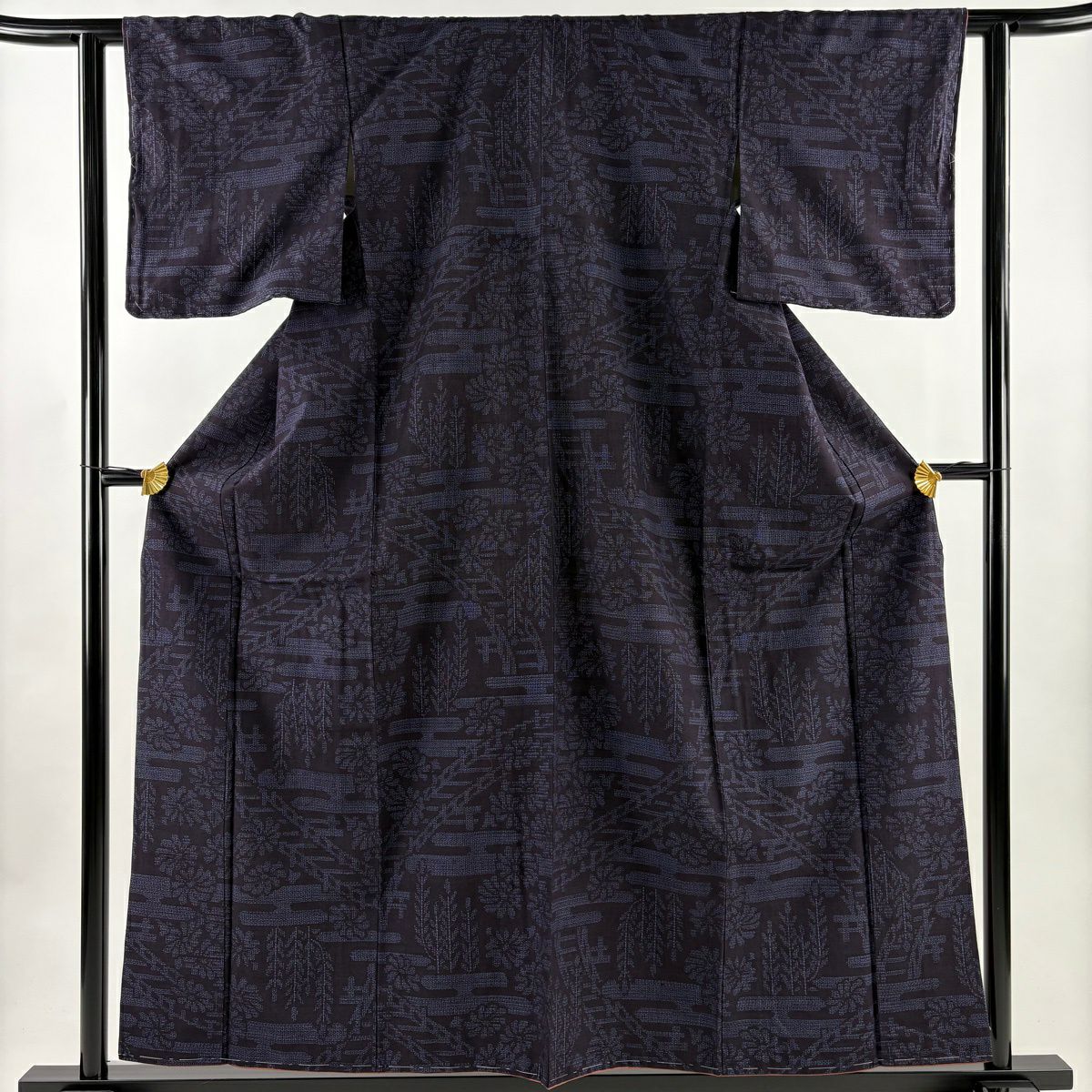 【美品】結城紬織 身長158cm 袖長61cm S 雙層 はたおり娘 證明書あり ヱ霞 菊花 深藍 純蠶絲 逸品級