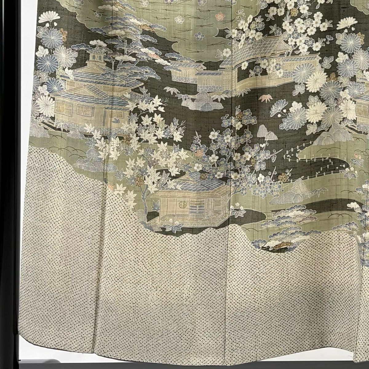 訪問服 身長155cm 袖長62.5cm S 雙層 紬織織 ますいわ屋 建物 松樹竹子梅花 金銀彩 灰綠 純蠶絲 逸品級