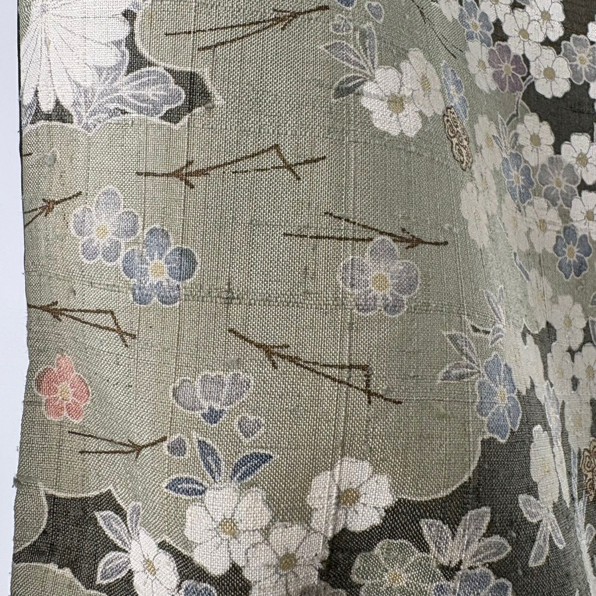 訪問服 身長155cm 袖長62.5cm S 雙層 紬織織 ますいわ屋 建物 松樹竹子梅花 金銀彩 灰綠 純蠶絲 逸品級