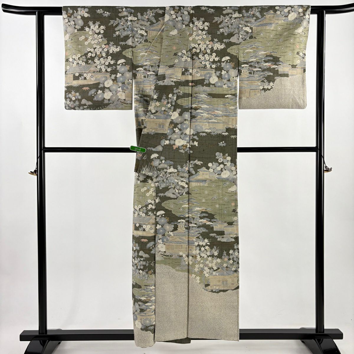 訪問服 身長155cm 袖長62.5cm S 雙層 紬織織 ますいわ屋 建物 松樹竹子梅花 金銀彩 灰綠 純蠶絲 逸品級