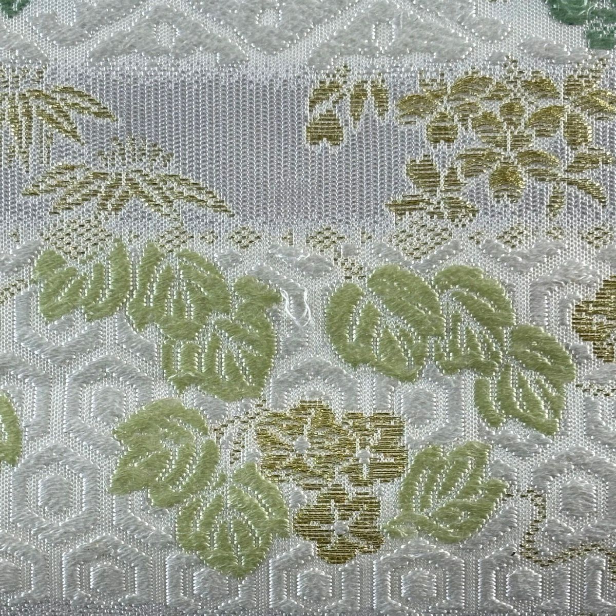 袋帶 逸品級 草花紋紋 段紋 金絲 唐織 奶油色 六通 純蠶絲