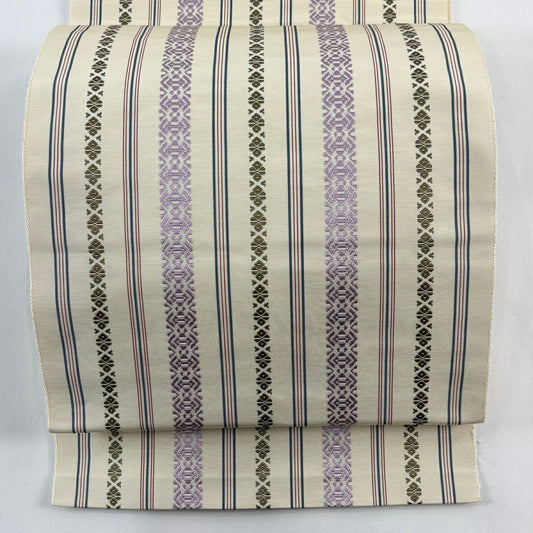 【美品】名古屋帶 逸品級 證書附帶 博多織 松樹葉仕立 八寸名古屋帶 献上圖案 米色 純蠶絲