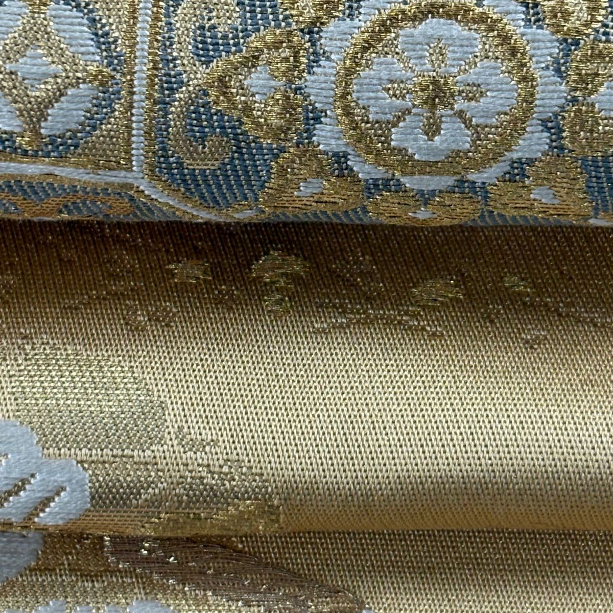 【美品】 袋帶 逸品級 じゅらく 落款あり じゅらく帝王紫 華紋 松樹竹子梅花 金銀彩 金金箔 薄黃土色 六通 純蠶絲