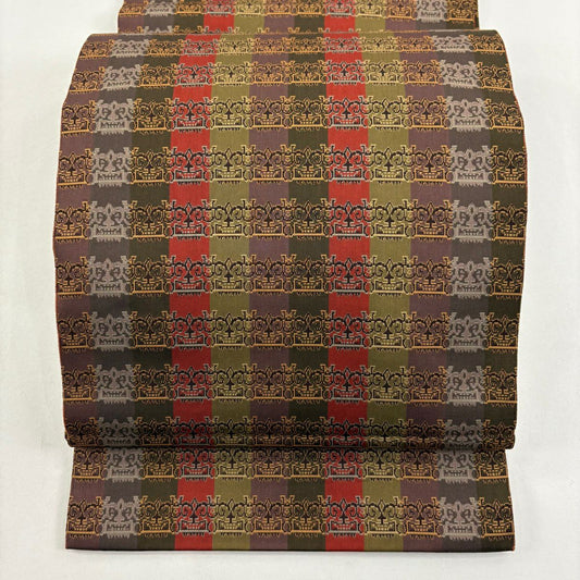 【美品】 開口名古屋帶 逸品級 龍村美術織物 比翼仕立 雙獅噛文長斑錦 灰紫 純蠶絲