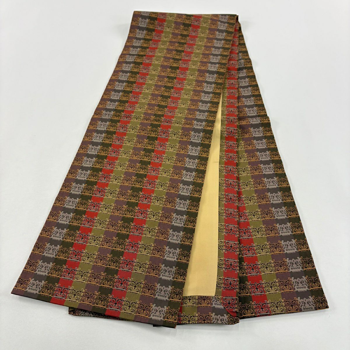 【美品】 開口名古屋帶 逸品級 龍村美術織物 比翼仕立 雙獅噛文長斑錦 灰紫 純蠶絲