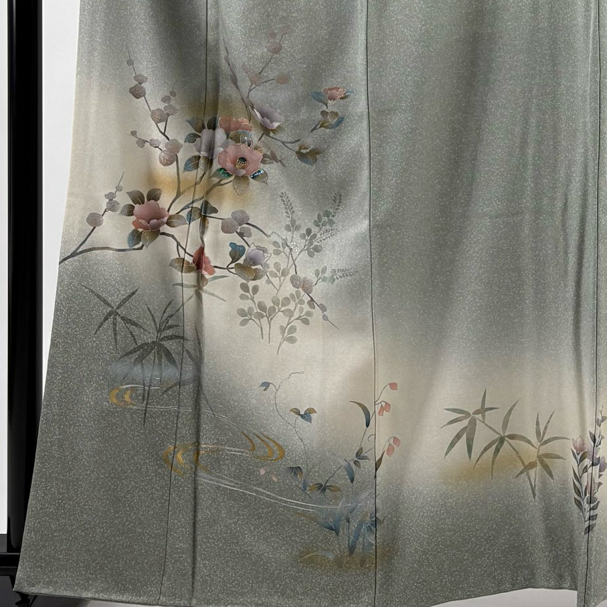 訪問服 身長161cm 袖長65cm M 雙層 椿 萩 金銀彩 螺鈿 灰綠 純蠶絲 秀品級