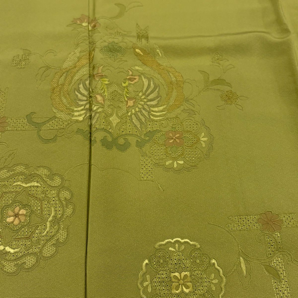 付下 身長153cm 袖長62.5cm S 雙層 向鳥 華紋 刺繡 抹茶 純蠶絲 秀品級