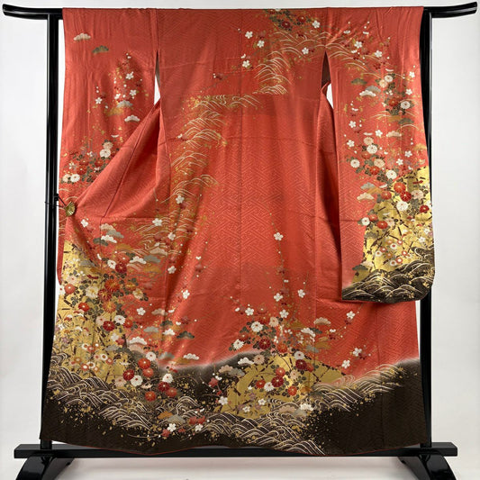 振袖禮服 身長158.5cm 袖長62cm S 雙層 菊花 笠松樹 金絲 金銀彩 深粉紅 純蠶絲 優品級