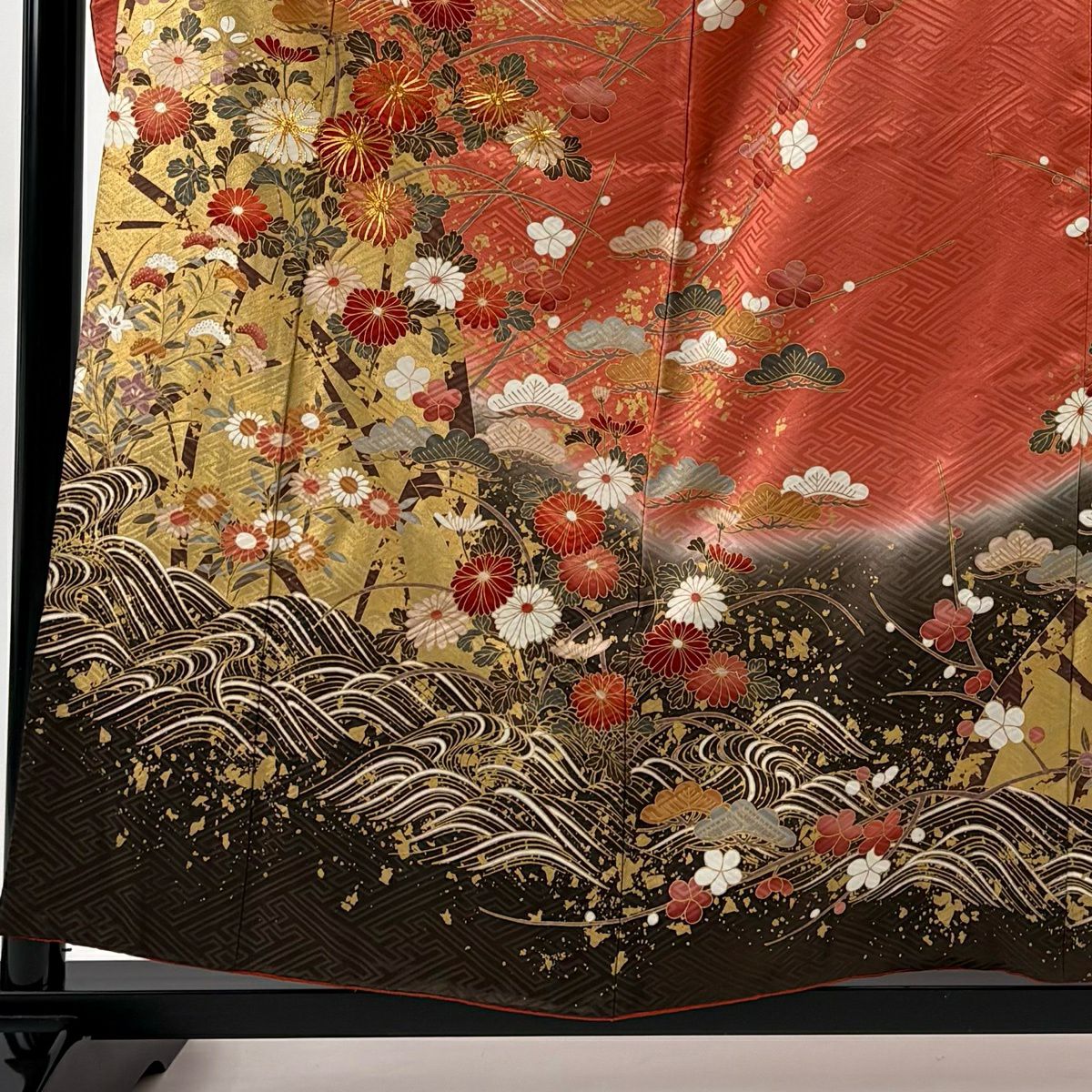 振袖禮服 身長158.5cm 袖長62cm S 雙層 菊花 笠松樹 金絲 金銀彩 深粉紅 純蠶絲 優品級