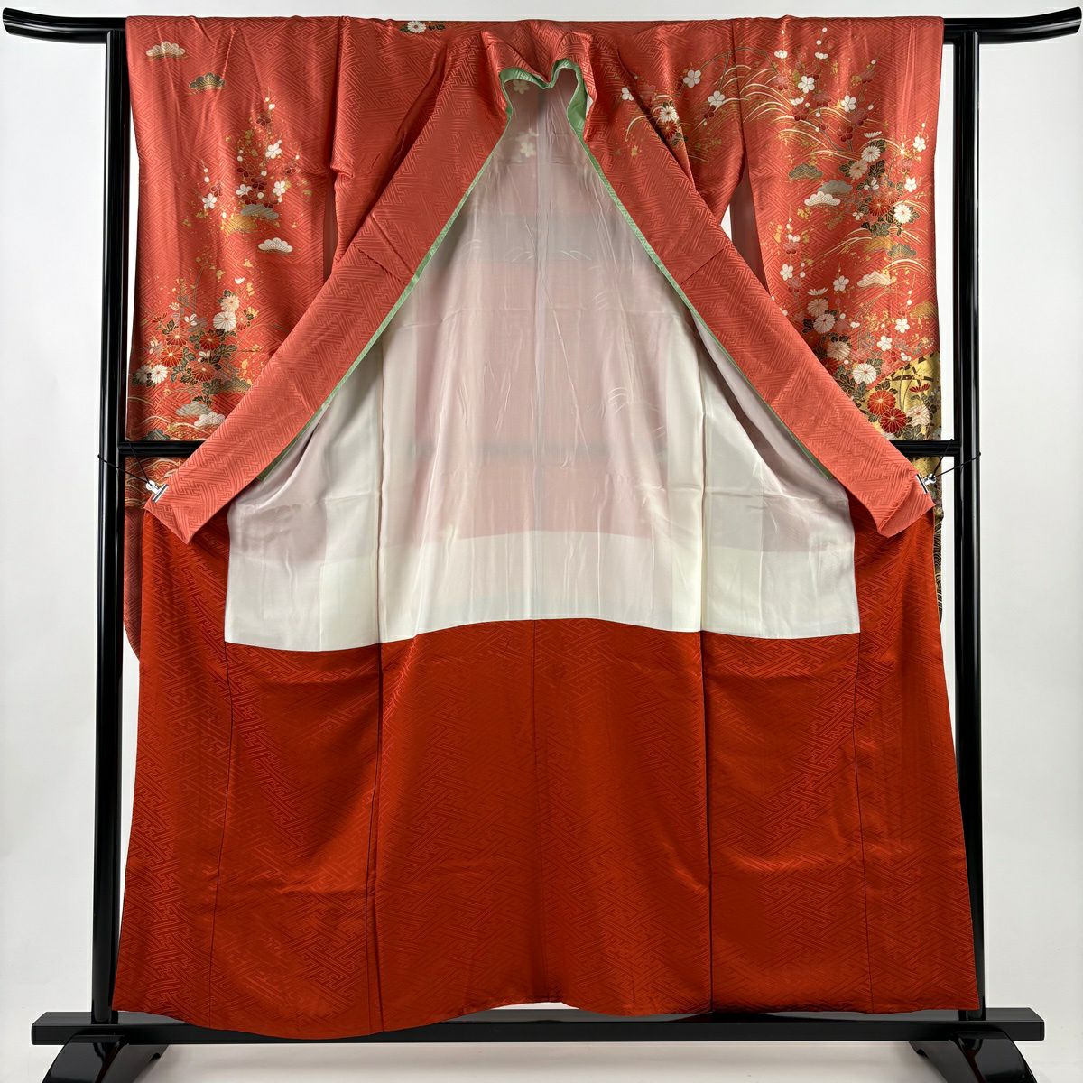 振袖禮服 身長158.5cm 袖長62cm S 雙層 菊花 笠松樹 金絲 金銀彩 深粉紅 純蠶絲 優品級