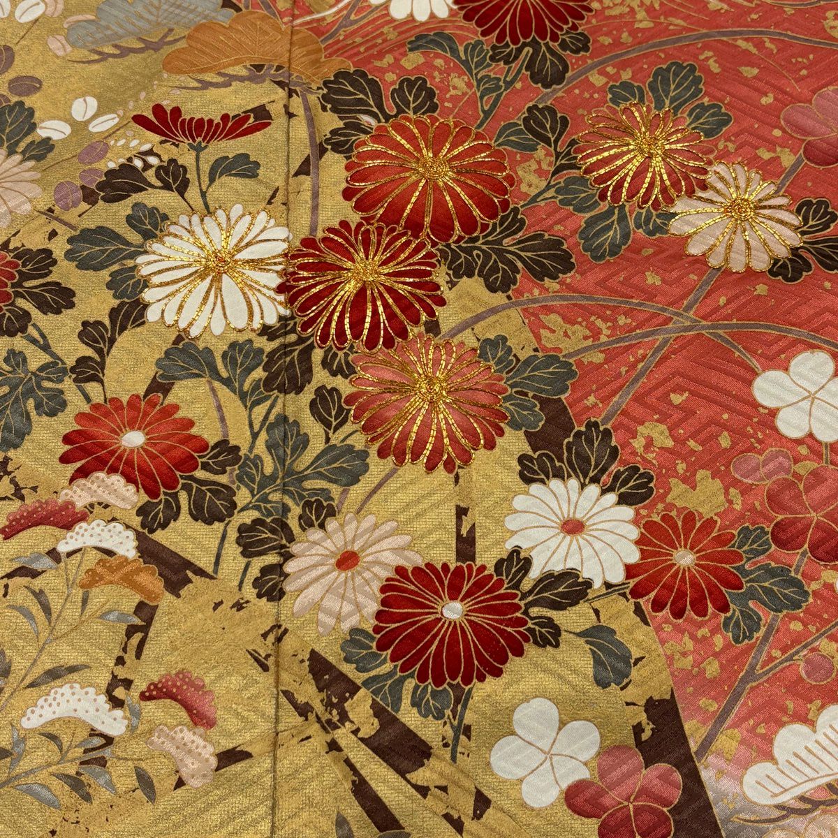 振袖禮服 身長158.5cm 袖長62cm S 雙層 菊花 笠松樹 金絲 金銀彩 深粉紅 純蠶絲 優品級