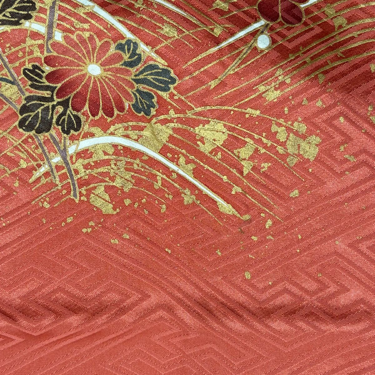 振袖禮服 身長158.5cm 袖長62cm S 雙層 菊花 笠松樹 金絲 金銀彩 深粉紅 純蠶絲 優品級