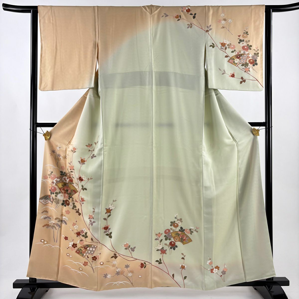 訪問服 身長160cm 袖長63.5cm S 雙層 扇子面 菊花 金彩裝飾 染分 薄橙色 純蠶絲 秀品級