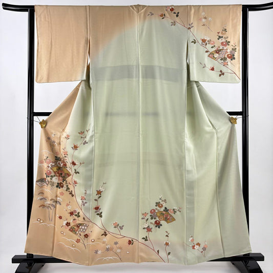 訪問服 身長160cm 袖長63.5cm S 雙層 扇子面 菊花 金彩裝飾 染分 薄橙色 純蠶絲 秀品級