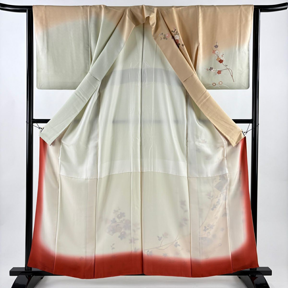 訪問服 身長160cm 袖長63.5cm S 雙層 扇子面 菊花 金彩裝飾 染分 薄橙色 純蠶絲 秀品級