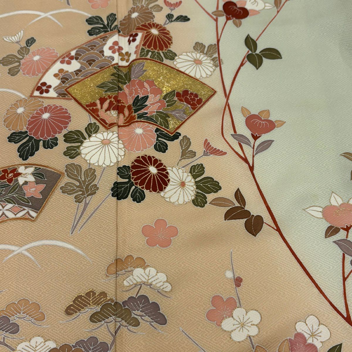 訪問服 身長160cm 袖長63.5cm S 雙層 扇子面 菊花 金彩裝飾 染分 薄橙色 純蠶絲 秀品級