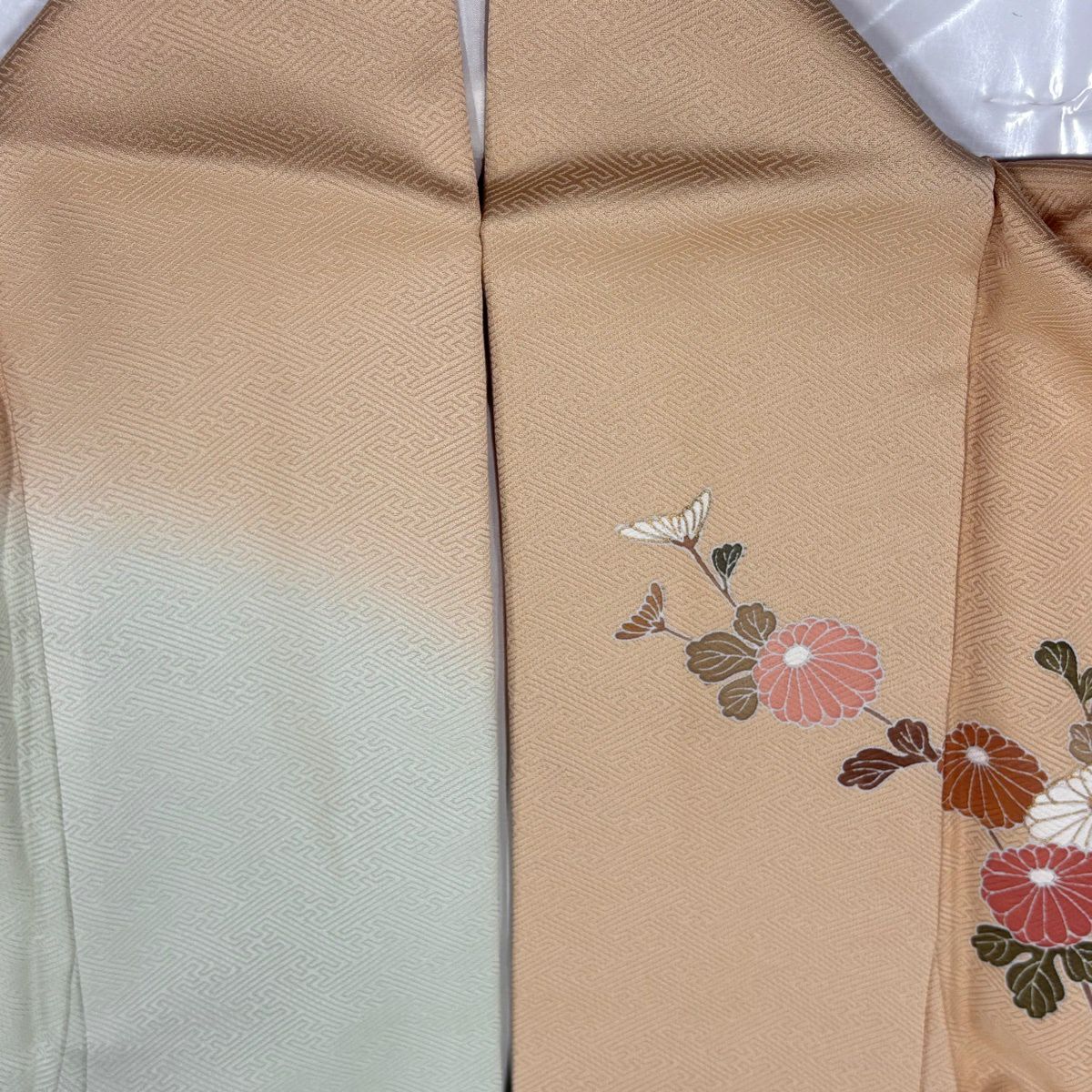 訪問服 身長160cm 袖長63.5cm S 雙層 扇子面 菊花 金彩裝飾 染分 薄橙色 純蠶絲 秀品級