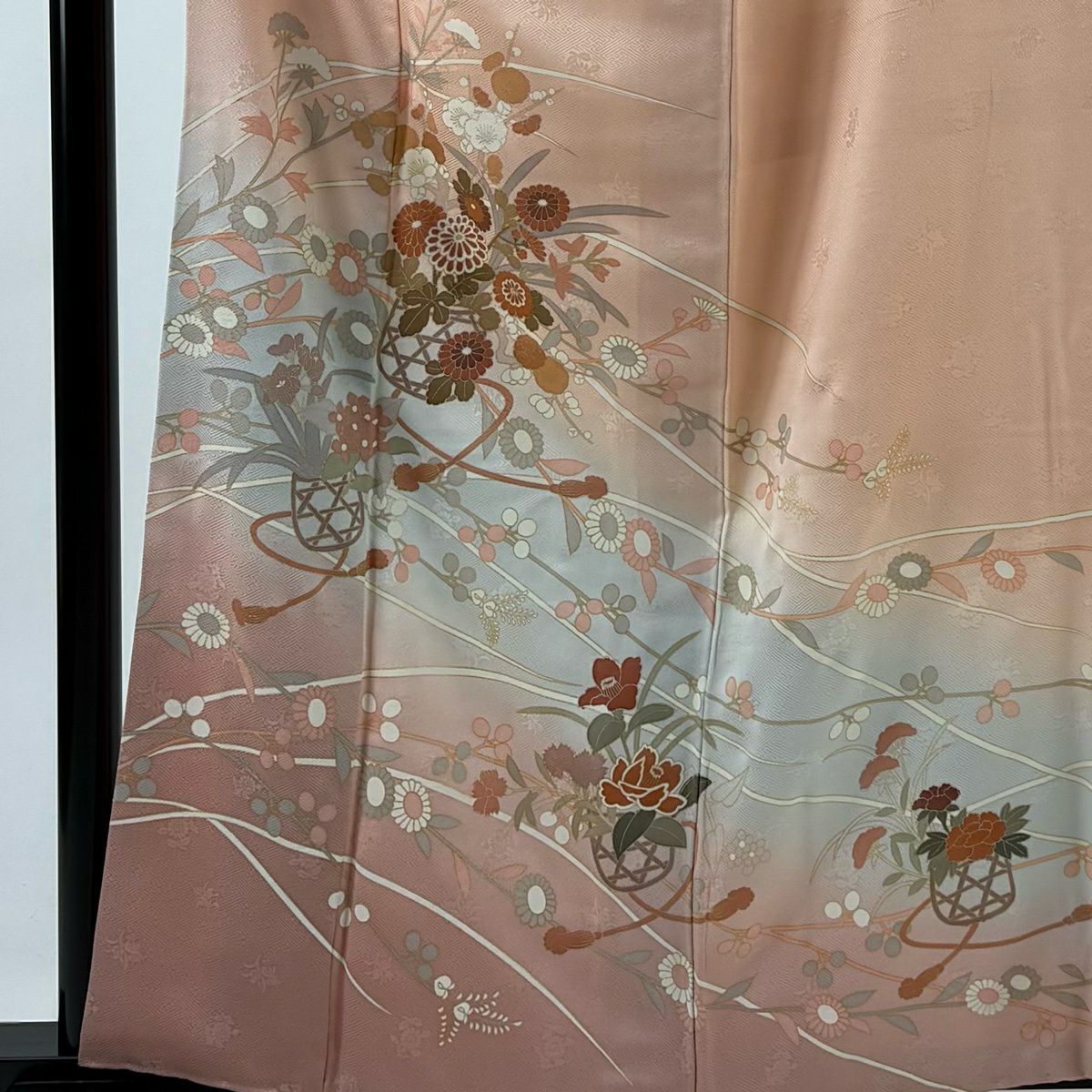 訪問服 身長161cm 袖長63.5cm S 雙層 花籠 秋草 金銀彩 漸層 粉色 純蠶絲 優品級