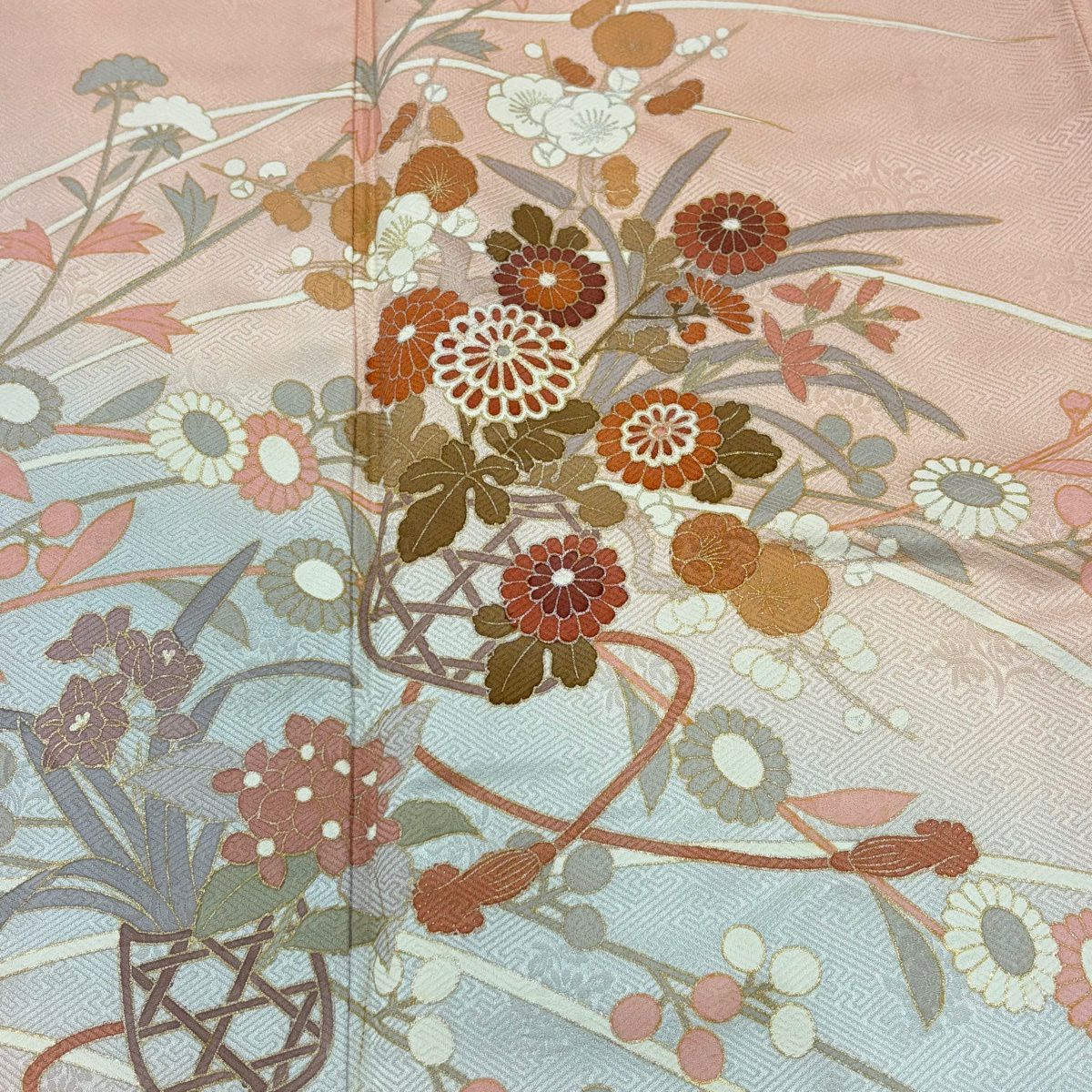 訪問服 身長161cm 袖長63.5cm S 雙層 花籠 秋草 金銀彩 漸層 粉色 純蠶絲 優品級