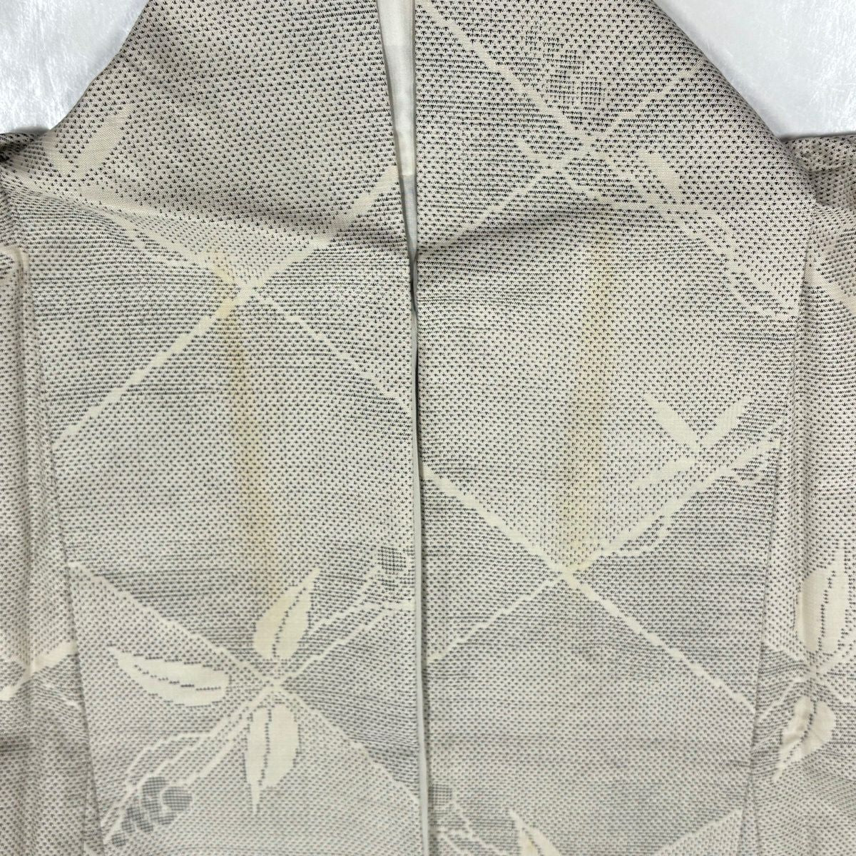 紬織 身長154cm 袖長65cm M 雙層 ますいわ屋 草花紋紋 斜格紋 灰色 純蠶絲 秀品級
