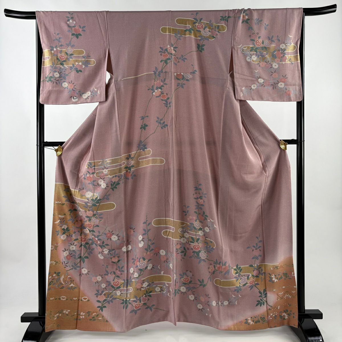 訪問服 身長163cm 袖長67cm M 雙層 橘 菊花 金絲 金銀彩 紫 純蠶絲 名品級