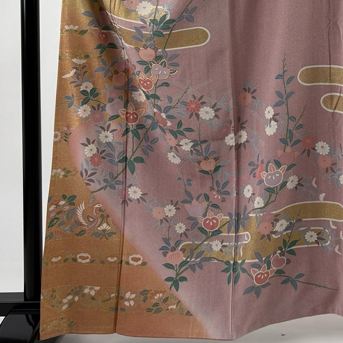 訪問服 身長163cm 袖長67cm M 雙層 橘 菊花 金絲 金銀彩 紫 純蠶絲 名品級