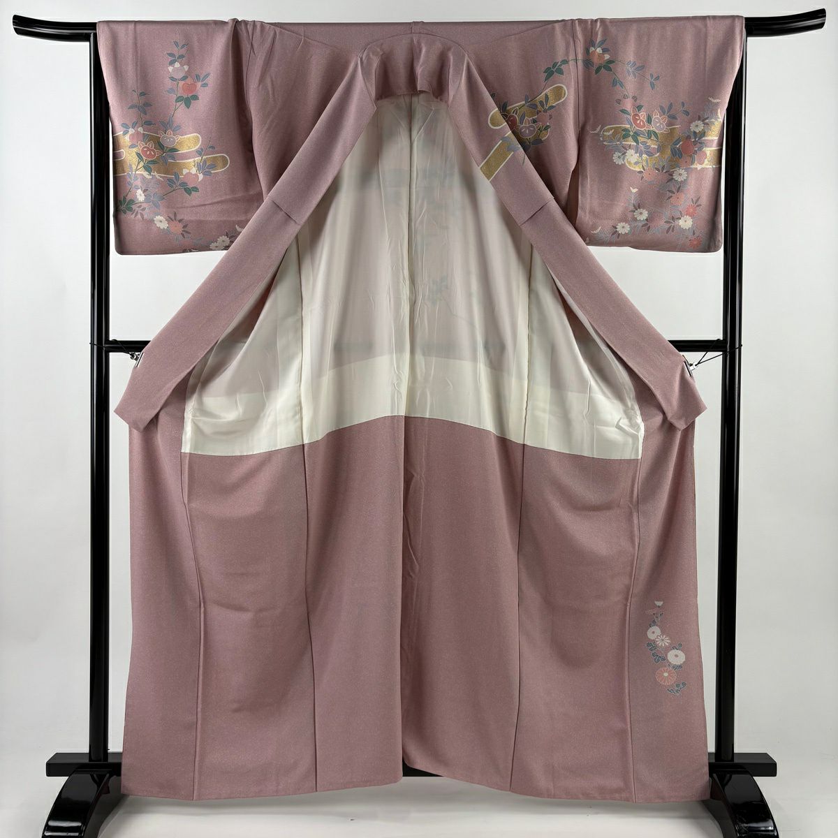 訪問服 身長163cm 袖長67cm M 雙層 橘 菊花 金絲 金銀彩 紫 純蠶絲 名品級