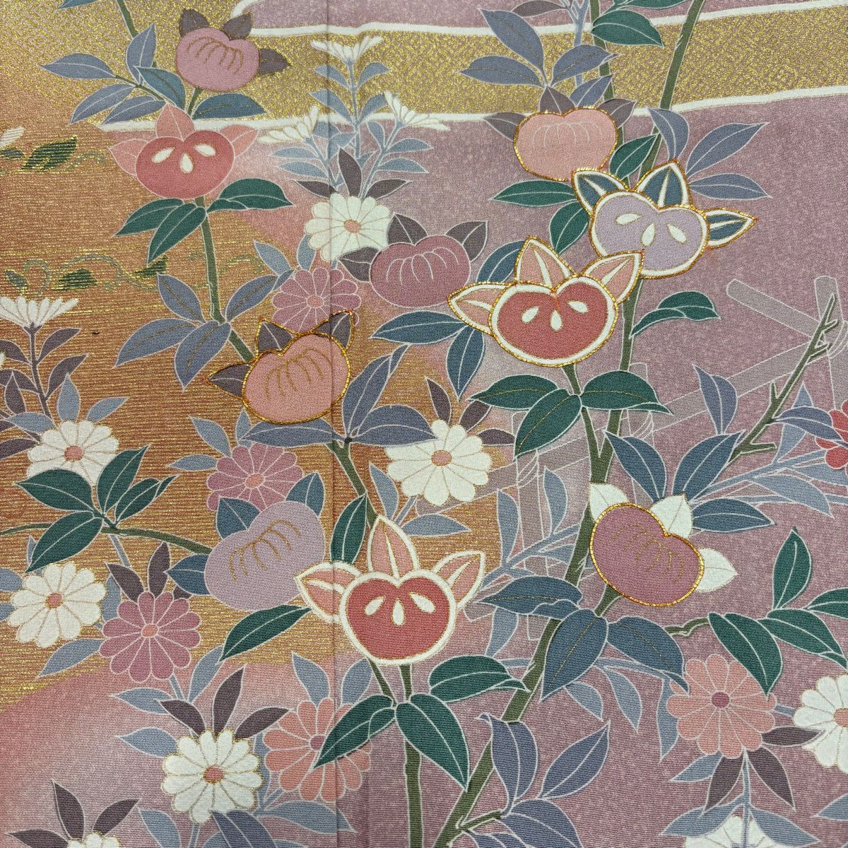 訪問服 身長163cm 袖長67cm M 雙層 橘 菊花 金絲 金銀彩 紫 純蠶絲 名品級