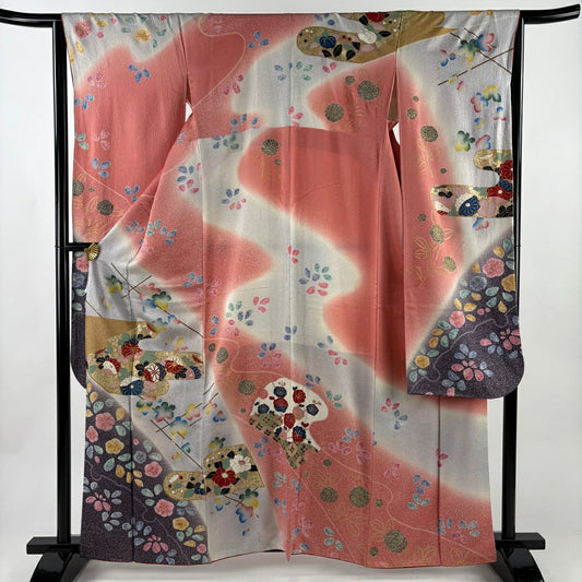 振袖禮服 身長162cm 袖長65cm M 雙層 菊花花 ヱ霞 金絲 金銀彩 粉紅 純蠶絲 名品級